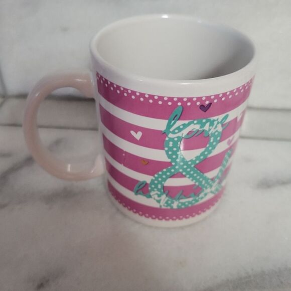 Love & Happiness Pink White Striped Ceramic Coffee Mug - Picture 1 of 4